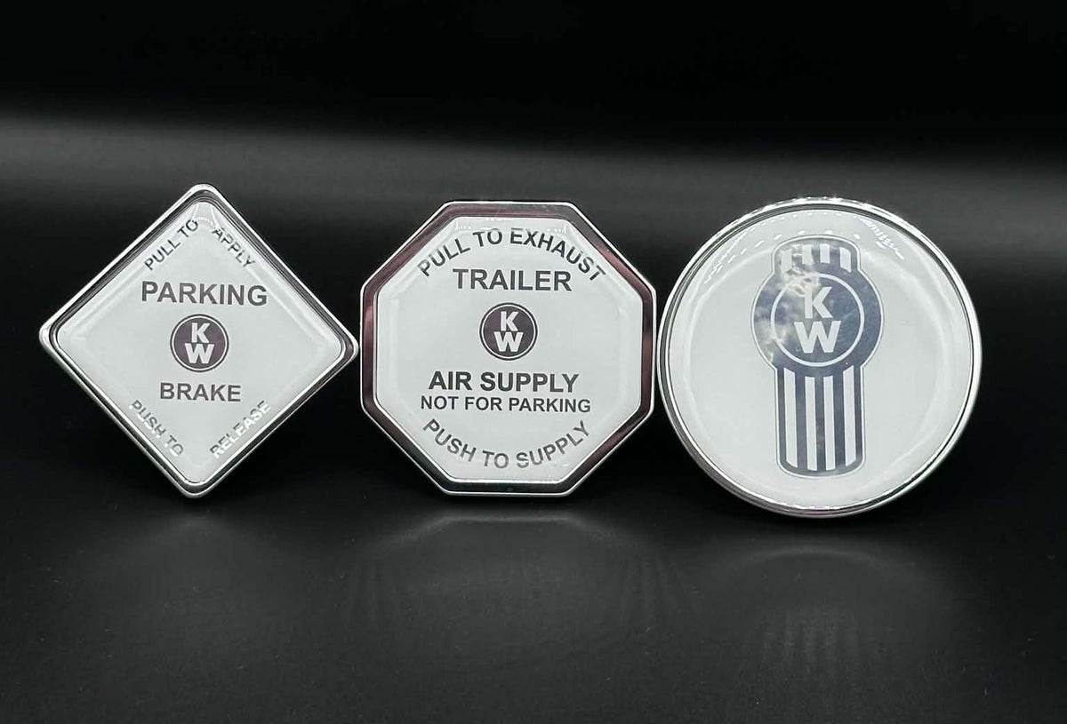 Monkey Spunk Roll Pin Style White background With Chrome Writing & Standard KW Logo Brake Knob Set x3.