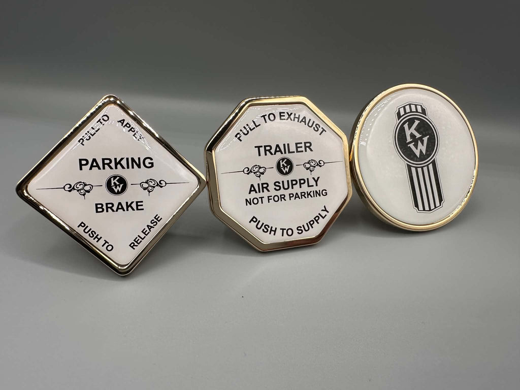 Monkey Spunk Brass Roll Pin Style White background With Black Writing With Pinstripe & Crooked KW Logo Brake Knob Set x3.