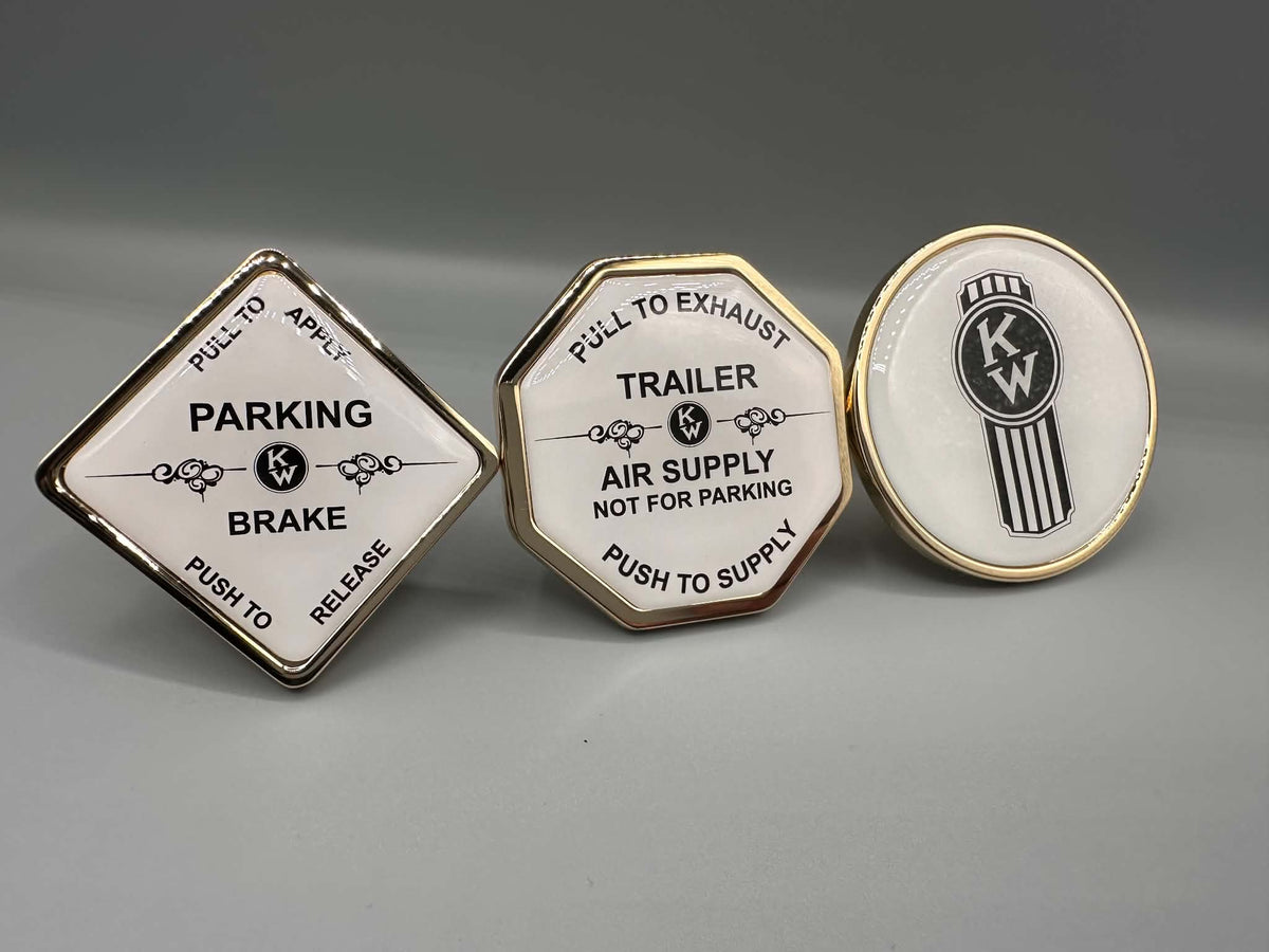 Monkey Spunk Brass Roll Pin Style White background With Black Writing With Pinstripe & Crooked KW Logo Brake Knob Set x3.