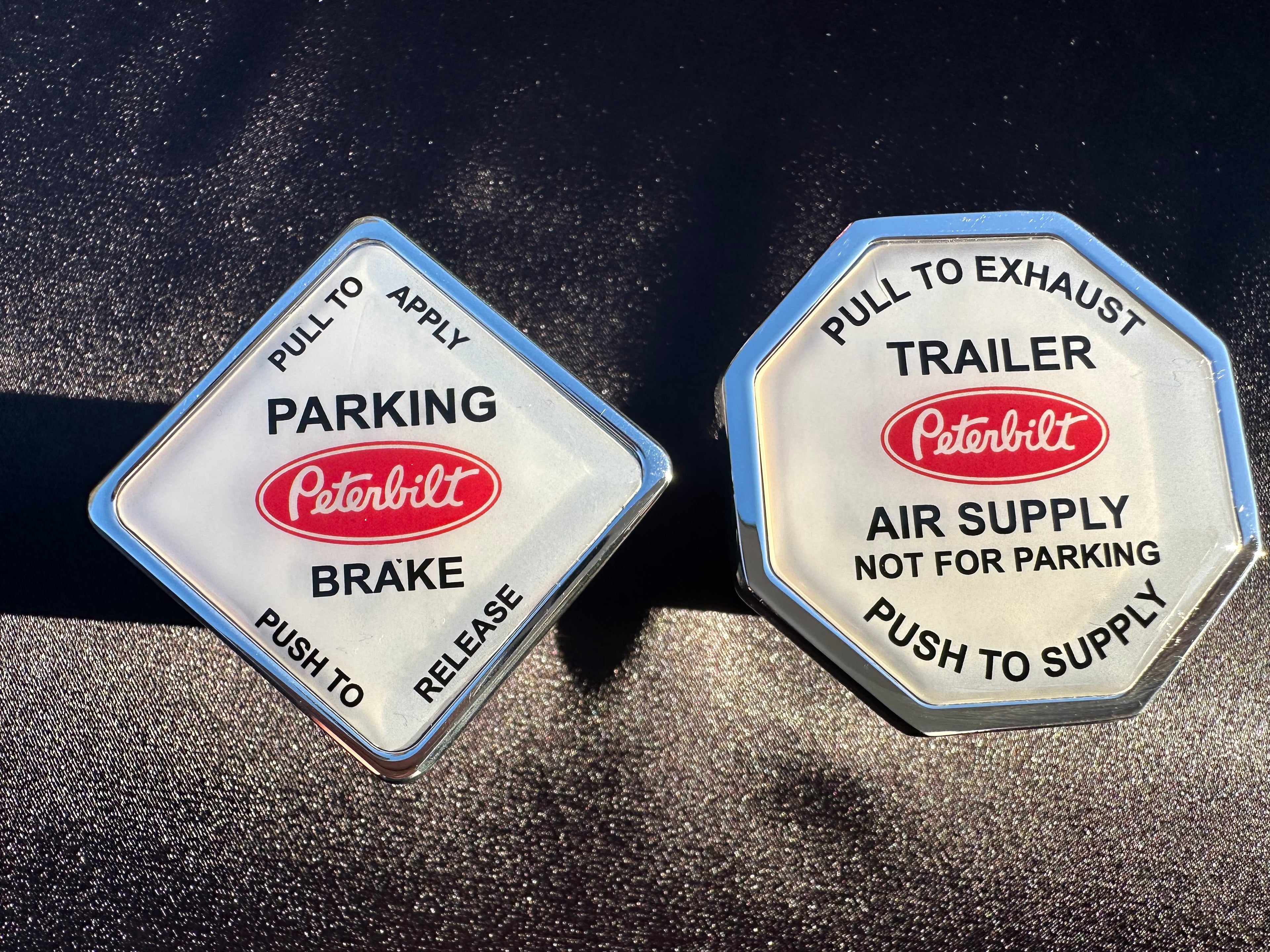 Peterbilt Truck / Trailer Brake Screw On Release Kobs. ( White faced With Red Logo. )