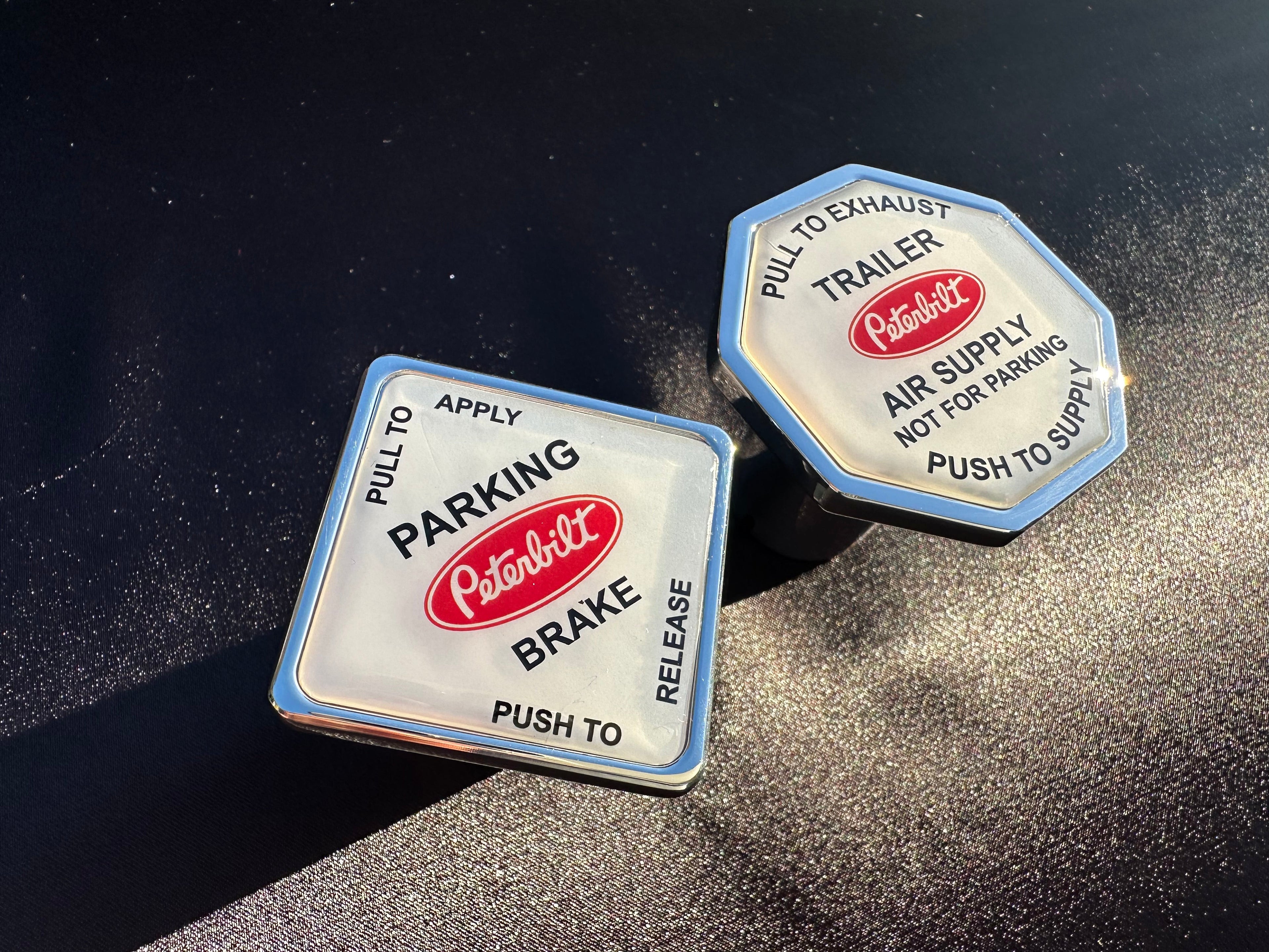 Peterbilt Truck / Trailer Brake Screw On Release Kobs. ( White faced With Red Logo. )