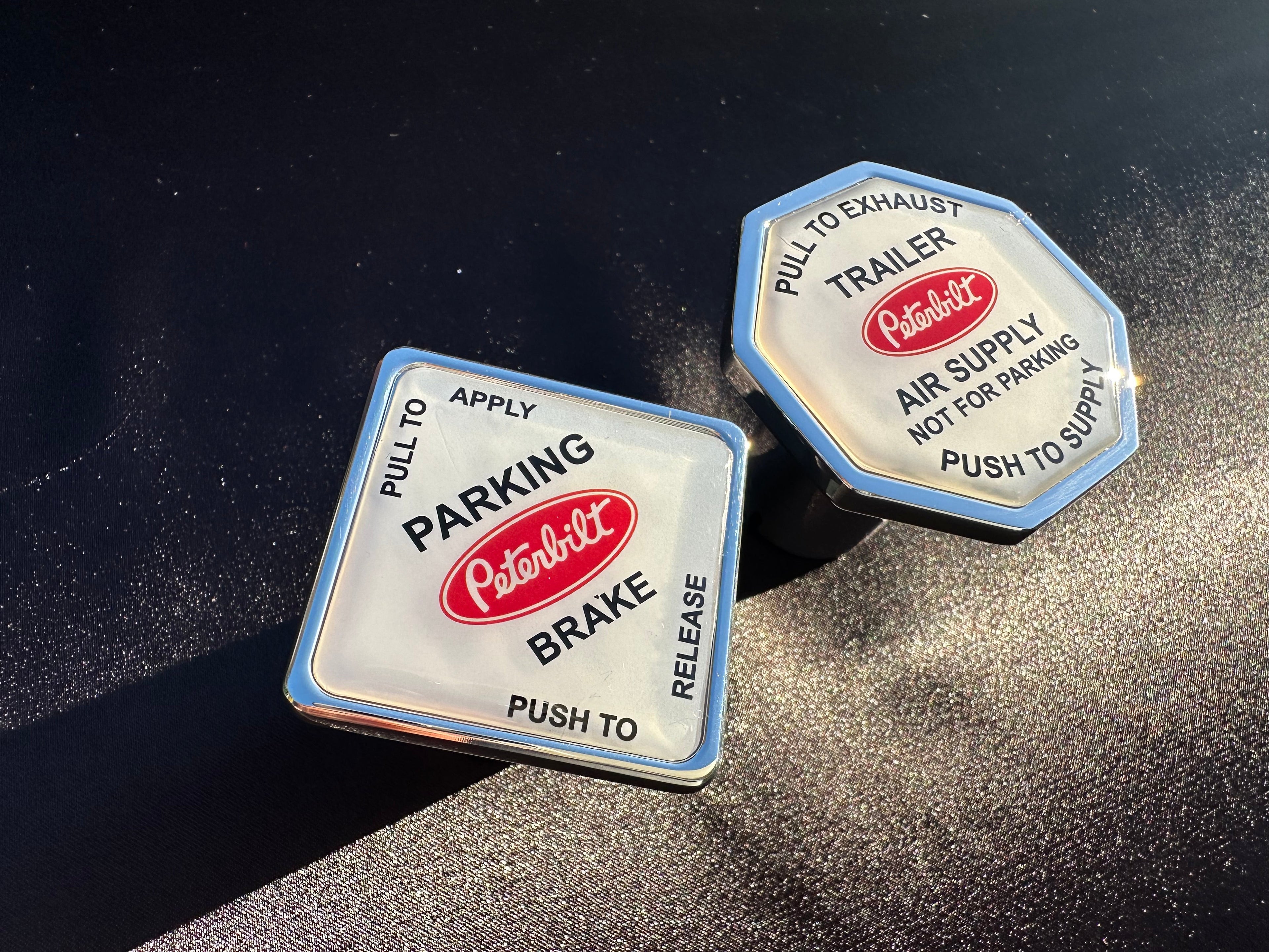 Peterbilt Truck / Trailer Brake Screw On Release Kobs. ( White faced With Red Logo. )