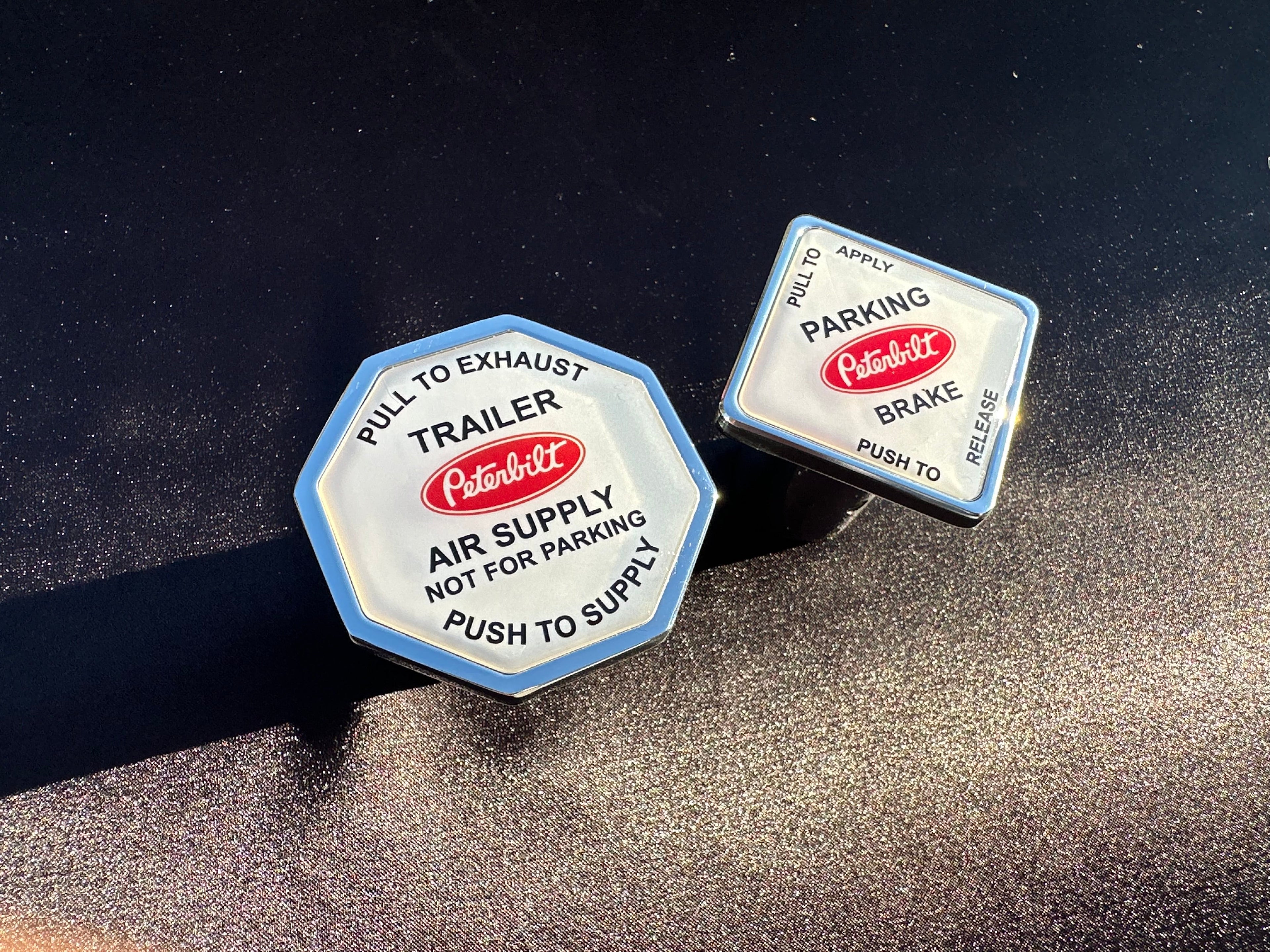 Peterbilt Truck / Trailer Brake Screw On Release Kobs. ( White faced With Red Logo. )