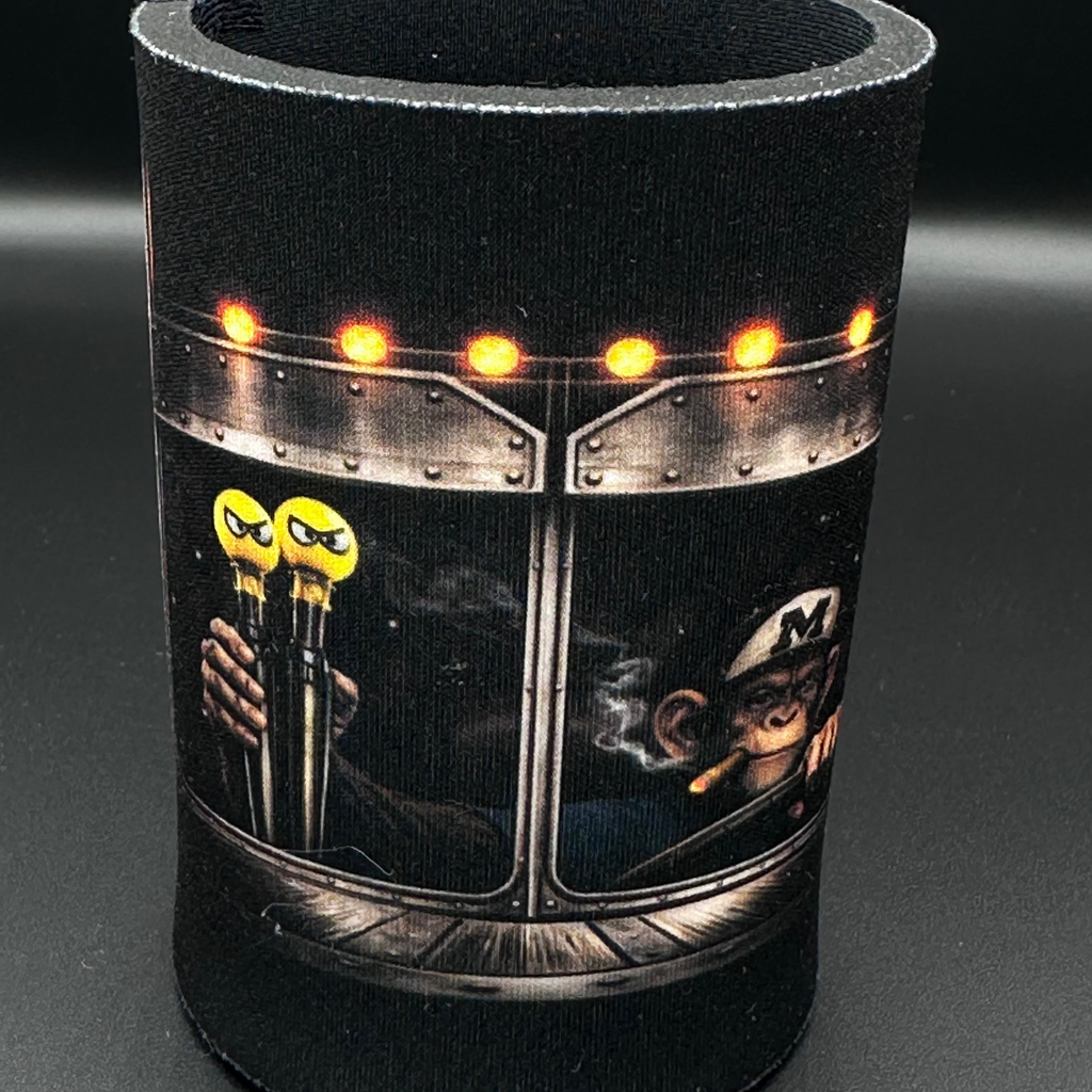 Black can cooler with graphic design on a dark background
