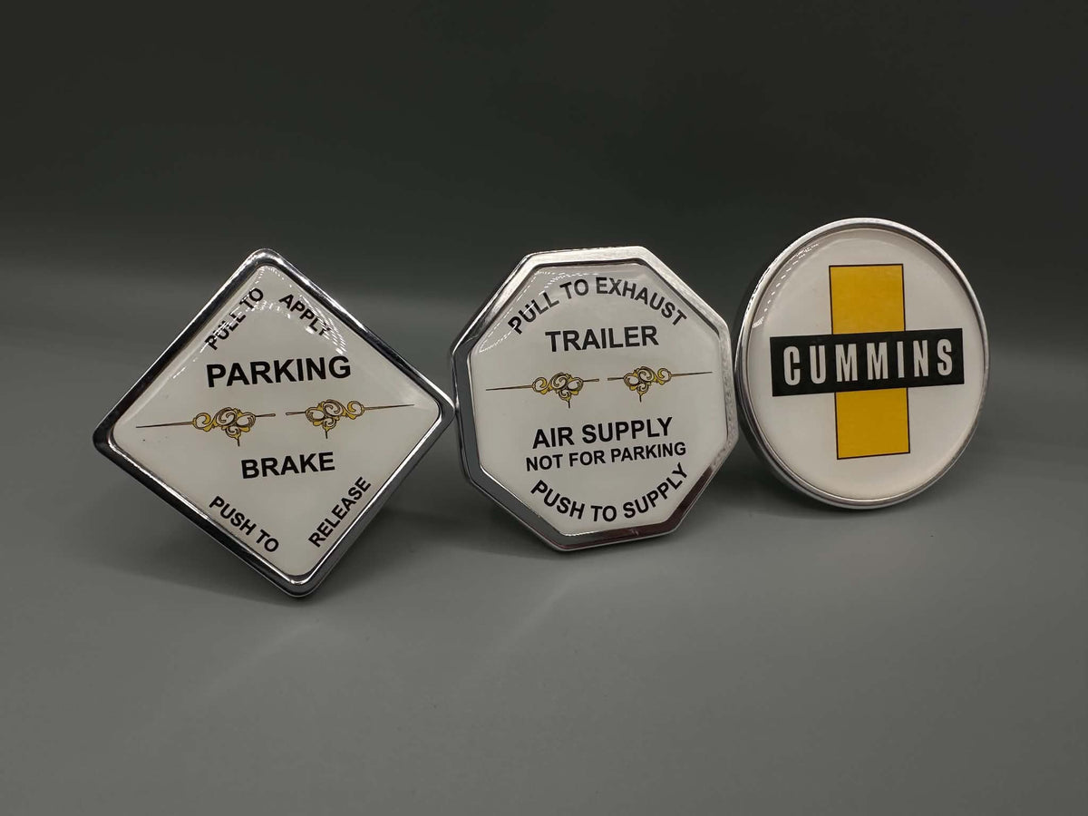 Monkey Spunk Roll Pin Style White Face With Yellow Pinstripe & Cummins Logo Brake Knob Set x3.