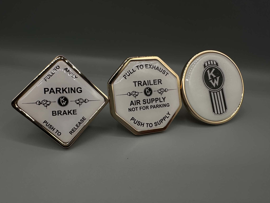 Monkey Spunk Brass Roll Pin Style White background With Black Writing With Pinstripe & Crooked KW Logo Brake Knob Set x3.