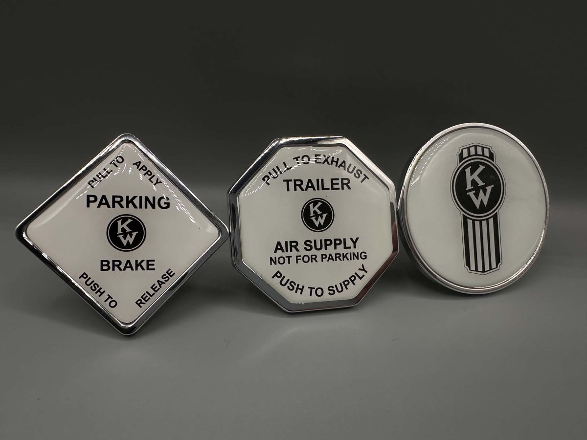 Monkey Spunk Roll Pin Style White background With Black Writing & Crooked KW Logo Brake Knob Set x3.