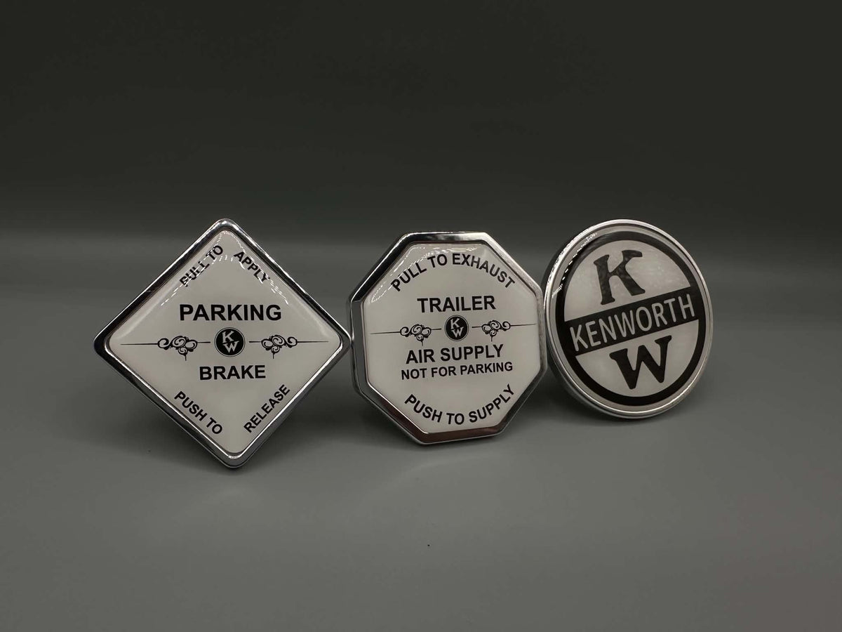 Monkey Spunk Roll Pin Style White background With Black Writing & Pinstripe Crooked KW Logo Brake Knob Set x3.