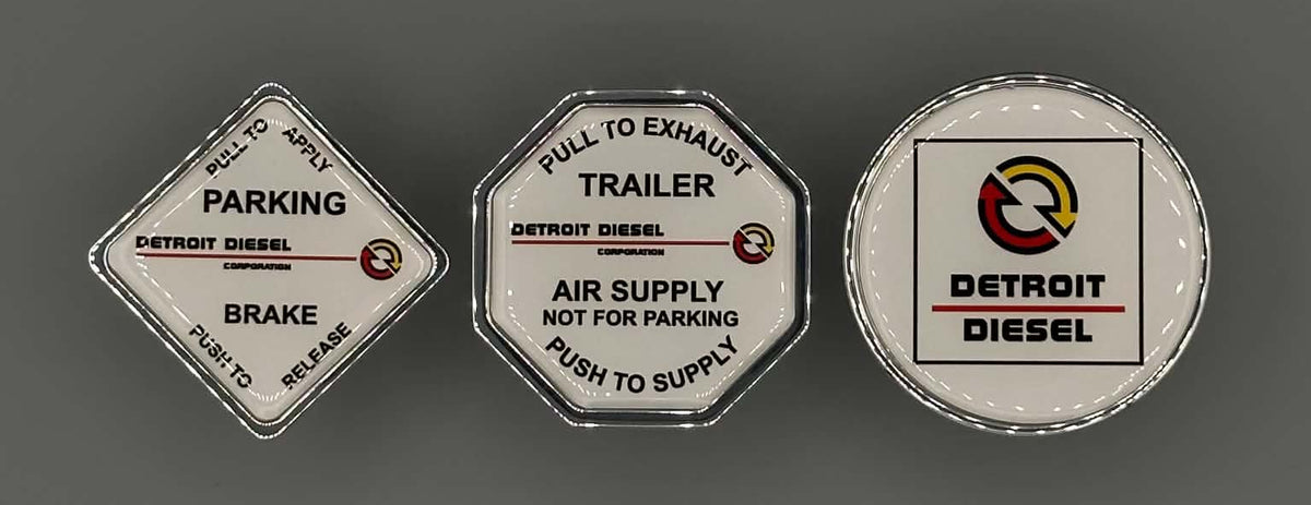 Monkey Spunk Roll Pin & Screw on Round Knob Style White background With Colored Writing & Detroit Logos Brake Knob Set x3.