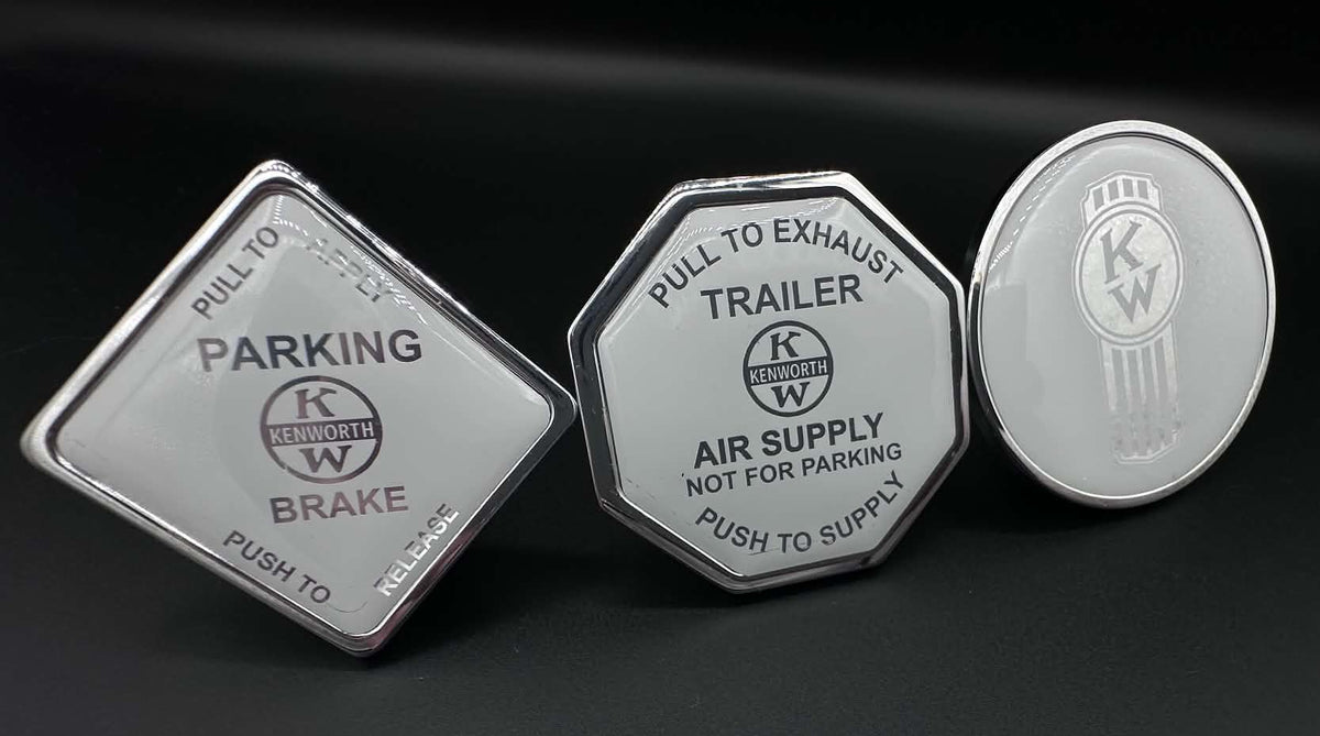 Monkey Spunk Roll Pin Style White background With Chrome Writing & Old Style KW Logo Brake Knob Set x3.