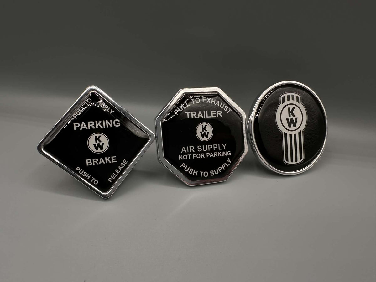 Monkey Spunk Roll Pin Style Black background With White Writing & Standard KW Logo Brake Knob Set x3.